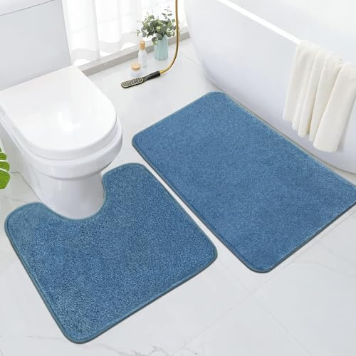 Rururug Weiche Badematten-Set mit 2 Stück, super saugfähige und rutschfeste Badezimmermatten mit TPR-Rückseite, maschinenwaschbar, 50 x 80 cm + 50 x 50 cm, Teppich-Set für Dusche und WC, Blau