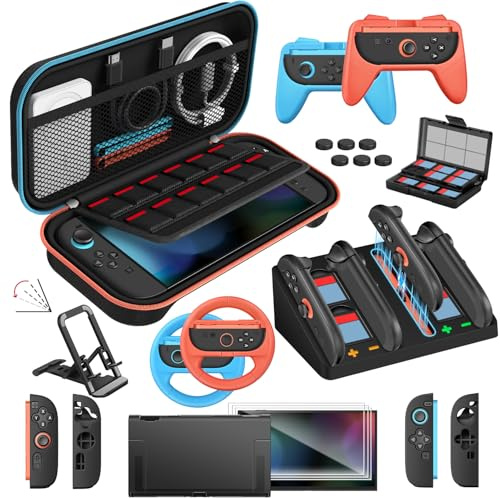 ivoler 22-in-1 Accessories Bundle Kits for Nintendo Switch 2 - Includes Carrying Case, Protective Case, Charging Dock,Screen Protectors, Steering Wheels, Game Stand,Grips for Joycon,Game Card Case
