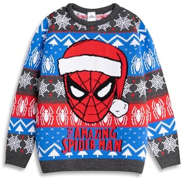 Marvel Spiderman The Amazing Spiderman Boys Grey Red Blue Christmas Jumper | Long Sleeve Crew Neck Holiday Wear | Kids Character Apparel | Spiderman Merch