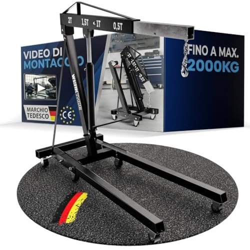 WERKTHOR Motorkran 2 000 kg professionell verkstadskran hopfällbar – motorlyftare 2 t tung – hydraulisk lyftkran svart 6 hjul – för lastbilsmotorer och industrianvändning