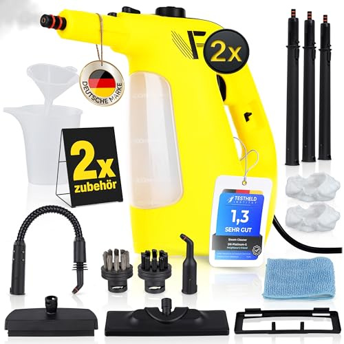 Neighbour's Friend® Dampfreiniger 2 in 1 mit Dampf Mop Funktion 2er Set– Leistungsstarker Handdampfreiniger 1500W, 4m Kabel, 450ml Tank I Dampfreiniger Handgerät für Boden, Fenster, Bad, Küche