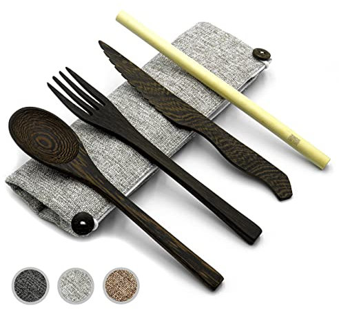 Jungle Culture® Reusable Travel Cutlery Set • Zero Waste Alternative to Bamboo Cutlery • Eco Friendly Wooden Utensils for Coconut Bowls Camping Picnic • Plastic Free Portable Knife, Fork, Spoon, Straw