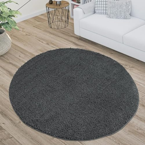 carpet city Polyester Shaggy Teppich Hochflor Wohnzimmer - 160 cm Rund - Einfarbig Anthrazit - Flauschig-Weich - Modern - Langflor Schlafzimmer-Teppiche Pflegeleicht