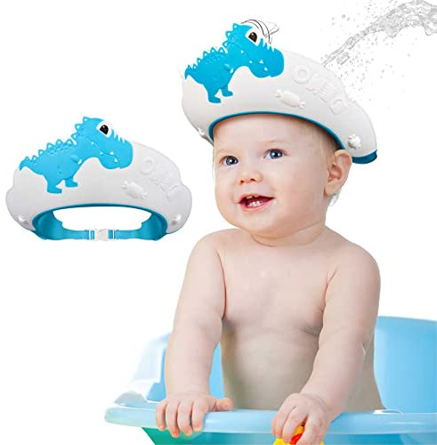 Duschhaube Kinder Baby Verstellbare Dinosaurier-Form Haare Waschen Kinderschutz Schild Shampoo Schutz Baby-Visier für Augen, Ohren und Gesicht - KAMHBE (Dinosaurier-Blau)