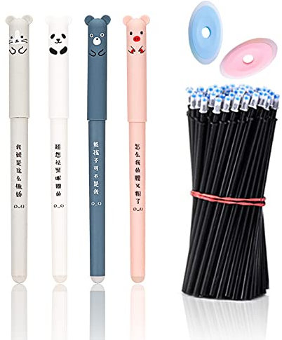LOREC 4 Stück Cartoon Radierbarer Kugelschreiber 0,35mm mit 50 Nachfüllungen und 2 Radiergummis, Tintenroller Radierbar Erasable Pen Gelschreiber Radierbar für Erwachsene Kinder Studenten Schwarz