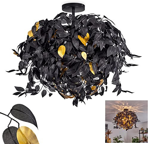 Deckenleuchte Kallax, moderne Deckenlampe aus Metall/Kunststoff in Schwarz/Goldfarben, Leuchte mit Schirm in Blatt-Optik (Ø 80 cm), mit Lichteffekt, 3-flammig, 3 x E14, ohne Leuchtmittel