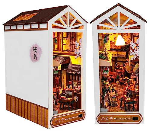 Cuteefun DIY Book Nook Kit, Mini Maison de Poupée DIY, Inserts D'étagères, Livre en Bois Nook Set pour Adultes à Construire, Faites Votre Propre Modèle de Maison D'artisanat (Rain Lane)