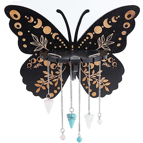 CREATCABIN Schweberegal aus Holz, mit Schmetterling, heidnischem Kristall, Schmuckhalter mit 3 Pendelketten zum Aufhängen von ätherischem Öl, spirituelle Wanddekoration, Geschenk, schwarz, 20,3 x 15,2