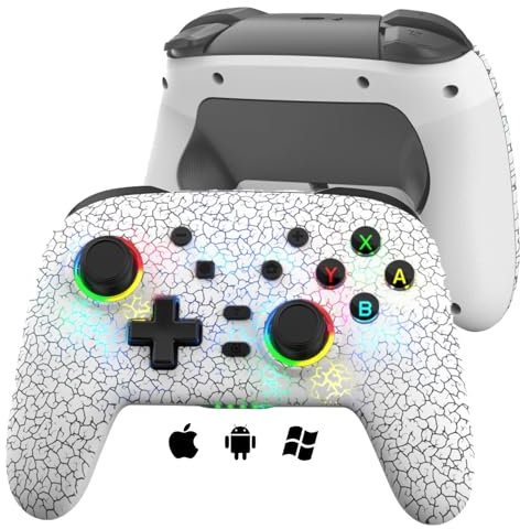 arVin Switch Controller for Switch/Switch Lite/Switch OLED/PC/iPhone/Android, Unique Crack RBG Light Multi-Platform Bluetooth Gamepad with 6-Axis Gyro, Double Shock, Turbo, White