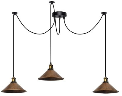 DC VOLTAGE 3 Head Spider Lights Metal Cone Shaped Brushed Copper 22 cm Shades Industrial Pendant Lights with 2m Adjustable Cable for Kitchen Island Living Room Bed Room