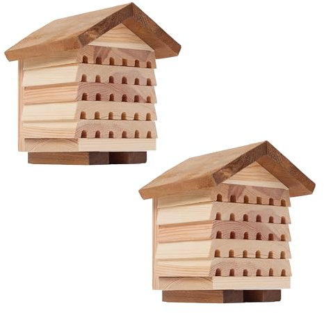 2 Stück Bienenhotel Holz - Wildbienenhotel - Insektenhotel Klein für Garten und Balkon - Ganzjähriges Wetterfestes Bienenhaus 15 x 13cm