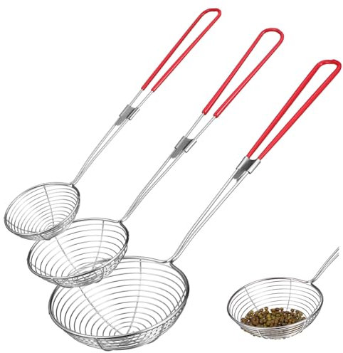 FUNOMOCYA Stainless Steel Skimmer Ladle Set 3-Piece Colander for Cooking Noodle Strainer and Frying Spoon Red Small Medium Large Handle