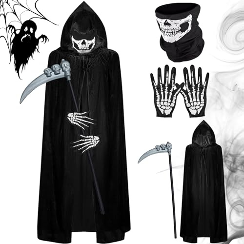 Sensenmann Kostüm 150 cm, 4 Stk Umhang Set Mit Gesichtsmaske, Handschuhe Und Sense - Grim Reaper Kostüm für Erwachsene - Halloween Karneval Cosplay Party Maskerade