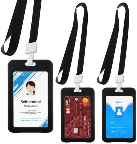 AZWOOD Fenêtre Double Face Transparent Porte Badge, 3 Pièces Étui vertical en plastique rigide Porte Carte avec Lanière en Nylon Noire Porte Badge Tour de Cou pour le travail, Affaires, Bus, Pass