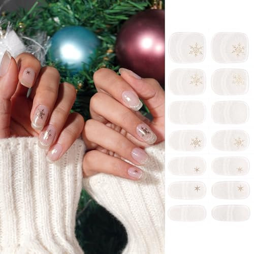 DANNI & TONI Semi Cured Gel Nail Strips,Snowflake Gold Foil Salon-Quality Gel Nail Polish Strips Manicure Stickers Set(Golden Frost) 28Pcs