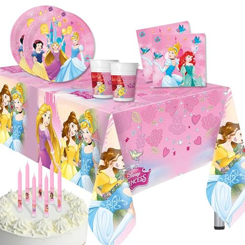 Lage Set Stoviglie Principesse - Addobbi Decorazioni Tavola per Festa Compleanno Bambina Bimba Disney Princess, 16 Piatti, 16 Bicchieri, 20 Tovaglioli, 1 Tovaglia, per 16 Persone