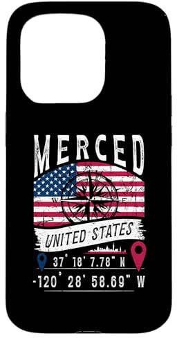 Hülle für iPhone 15 Pro Merced, Flagge der Vereinigten Staaten, GPS-Koordinaten, Merced