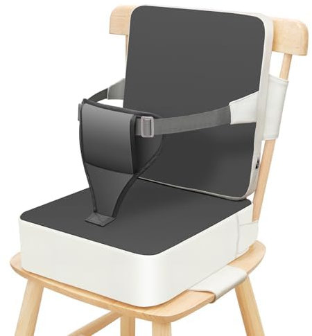 TOTIDYH Kleinkind-Sitzerhöhung für Esszimmerstuhl, 10 cm, PU, rutschfest, Baby-Sitzerhöhung für Esstisch mit Rückenlehne und verstellbaren Riemen, tragbares Hochstuhl-Sitzkissen, Kleinkind (Grauweiß)