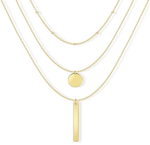 Layered Halskette Damen Herren, Goldkette Runde Anhänger Bar Anhänger Mehrschichtige Gold Halskette Triple Ketten Lange Halskette Layered Kette Halskette Set Modeschmuck für Frauen und Mädchen