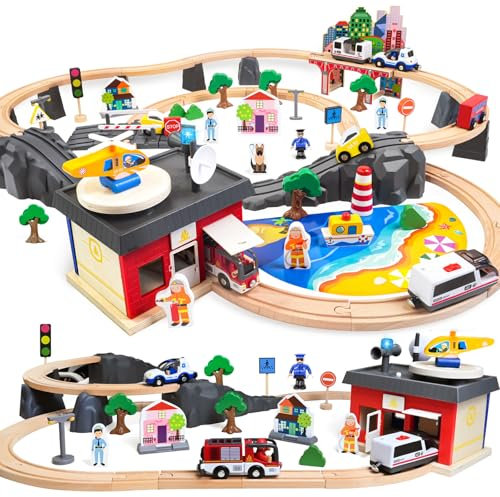 Joellfuner Holzeisenbahn Set, 92 Pcs Spielzeugeisenbahn mit Schienen, Modelleisenbahn-Set mit Elektrische Lok und Feuerwehr, Polizeiauto, Städtebau, Spielzeugeisenbahn Geschenk für Jungen und Mädchen