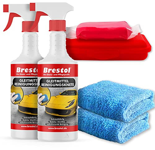 BRESTOL® Reinigungsknete Set5 200 g Knete rot stark + Box + 2x 750 ml Spezial GLEITMITTEL + 2x Poliertuch - Polierknete Lackknete Clay-Bar Auto-Lack-Knete - entfernt Baumharz Insekten u.v.m.