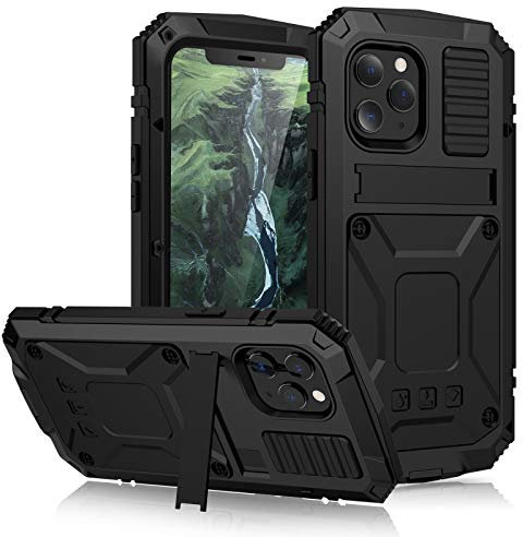 qichenlu 2 Meter Stoßfest Schwarz Rundumschutz Case kompatibel mit iPhone 12,mit Displayschutz Ständer Metall hybrid Silikon Gehäuse Wasserabweisende Hülle