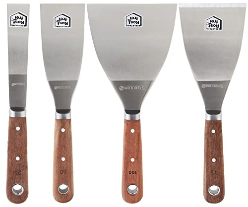 Malerspachtel Set 25+50+100mm+1 Stoßspachtel - Rostfreier Edelstahl-HOHE SICHERHEIT – Blatt & Griff aus einem Stk. Guter Materialabtrag Profiqualität Stielspachteln Gipsspachtel Schaber