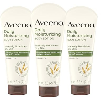 Aveeno Daily Moisturizing Body Lotion, Gentle Lotion Nourishes Dry Skin with Moisture, Sooth-ing Prebiotic Oat, Fragrance-Free, Non-Comedogenic, Travel-Size, 2.5 fl. oz, 3 Pack