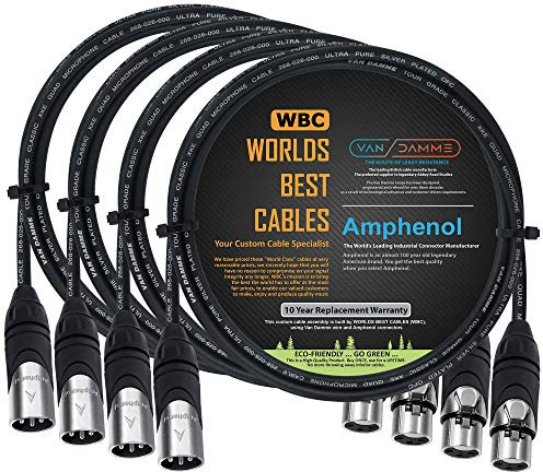 WORLDS BEST CABLES 4 Units - 1 Meter - Van Damme Tour Grade Classic XKE Starquad - Premium Silver-Plated OFC Balanced Male To Female Microphone Cable with Amphenol AX3M & AX3F Silver XLR Connectors