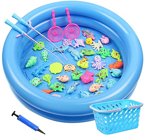 JAWSEU Angeln Spielzeug, 41 Stück Magnetisches Angeln Spielzeug, Kinder Badewannenspielzeug Baby Angelspiel Wasserspiel Badewanne Fisch Lernspiel