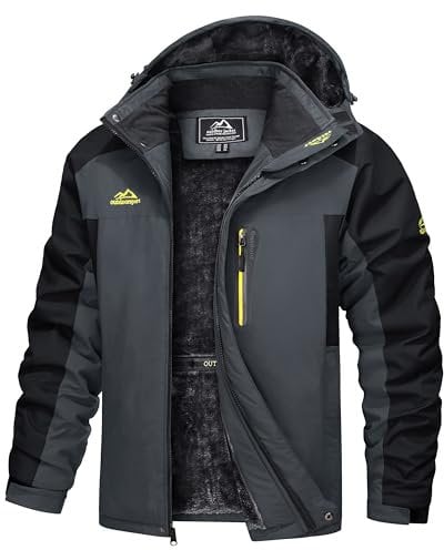 TACVASEN Herren Warme Skijacke Gefütterte Winterjacke Wasserabweisende mit Abnehmbarer Kapuzen (3XL, Dunkelgrau)
