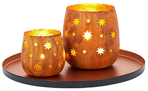 Marrakesch Orient Deko Set Geschenkset -1- für Frauen und Männer | Tablett Serviertablett rund rutschfest 2X Windlicht | orientalische Wohnzimmer Badezimmer Wohnung Dekoration Modern oder Ramadan