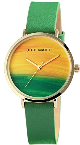 Just Watch Damen-Uhr Arielle Leder Mehrfarbig Trend Modisch Analog Quarz JW10183 (grün gelb)