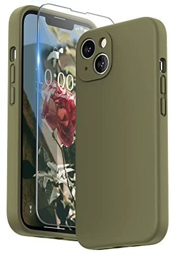 SURPHY Compatible with iPhone 13 Case with Screen Protector, Liquid Silicone Protection for Each Lens Shockproof Thickened Rubber Cover for iPhone 13 6.1 inch 2021, Khaki Green