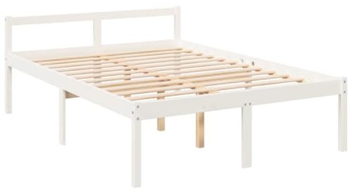vidaXL Seniorenbett, Bett Holzbett für Schlafzimmer, Bettgestell Bettrahmen mit Lattenrost Kopfteil, Massivholzbett Doppelbett Komfortbett, Weiß 135x190cm Kiefer