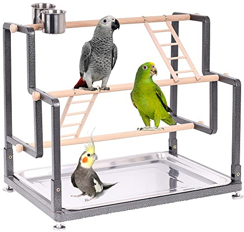 Vogelspielplatz, Spielstall für kleine bis große Vögel mit zusammenklappbarem Metallrahmen, robust, schnell montierbar, ohne Werkzeuganforderung, 4 stehende Sitzstangen, 2 Leitern und 2 Vogelschalen