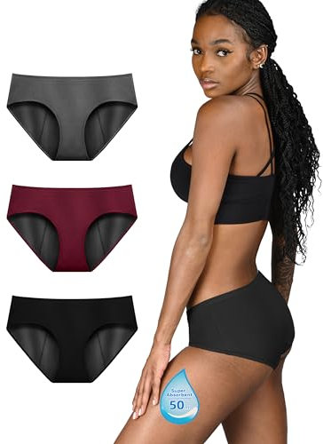 TIICHOO Culotte Menstruelle Flux Tres Abondant Absorbante Culotte de Regle Périodiques Lot de 3 (S, Noir/Bordeaux/Gris)