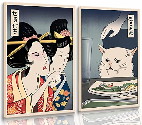 2 Stück lustige niedliche Leinwandbilder Japanische Frauen schreien Katzen essen Lebensmittel Poster und Drucke Vintage Wandkunst Meme Poster Bilder Esszimmer Wanddekoration Wohnzimmer Küche Flur