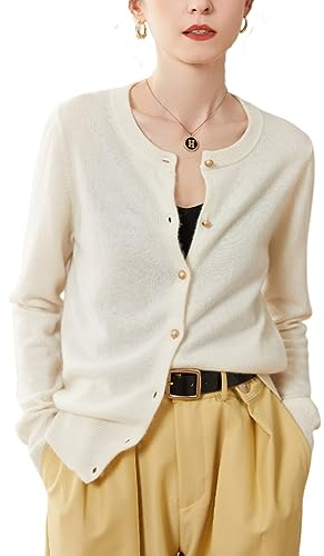 DISSA Cardigan Cachemire Laine Femme Col Rond Manches Longues,EU 34-42 | Visite loisirs,maille unie fine ajustée,panneau bouton rond,bords côtelés,finition lisse,tissu élastique,coupe ajustée