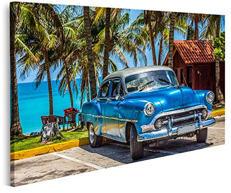 islandburner Prime Bild auf Leinwand Amerikanischer Blauer Oldtimer Mit Silberdach Geparkt Am Strand In Var Bilder Wandbilder Poster