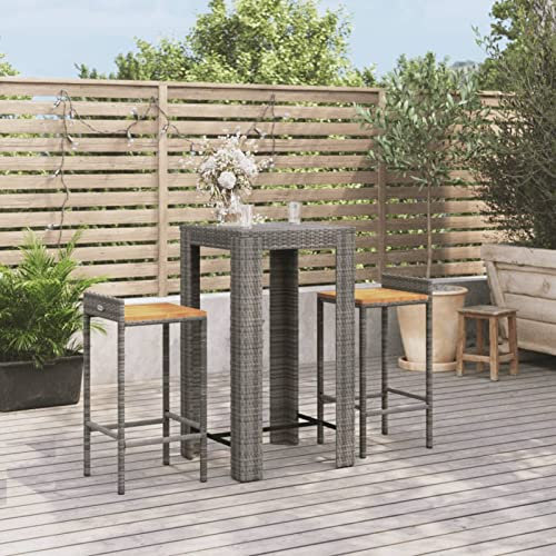 Gecheer 3-TLG.Gartenbar-Set Garten Bar Set Sitzgruppe Rattan Bar Tresen Theke Tisch Barset Garten Tisch Outdoor Gartenmöbel Set Grau Poly Rattan & Massivholz Akazie-1946