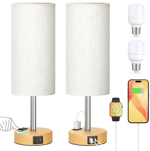 Kakanuo Lampe de Chevet Tactile Lot de 2, Lampes de Table 3 Intensité Gradation avec Ports de Charge USB-A+C+Prise, Petite Lampe pour Chambrer Salon D'enfant Bureau (2 Ampoules Incluses)