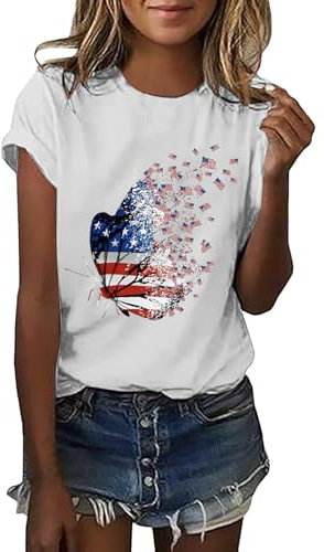 T-shirt graphique pour femme 4 juillet Motif drapeau américain Chemisiers patriotiques Haut d'été tendance basique, blanc, Taille S