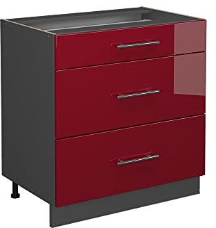 Vicco Küchenunterschrank Fame-Line, Bordeaux Hochglanz/Anthrazit, 80 cm mit 3 Schubladen, AP Eiche
