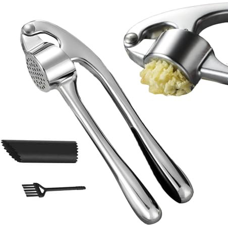 Qutalmi Knoblauchpresse, Fleischwolf, Knoblauchpresse | Ingwerstampfer mit Knoblauchschäler | Zerkleinerer-Set aus Metall mit Reinigungsbürste und Rohrschäler, rostfreier Knoblauchzerkleinerer für die