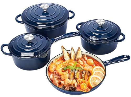 QuliMetal Nonstick Enameled Cast Iron Cookware Set, Frying Pan Skillet- 7-Pcs Pots and Pans with Lid, Healthy Round Dutch Oven Pot for Sourdough Bread Baking, Oven Safe up to 500° F or on All Stovetop