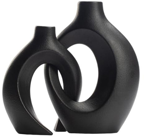 Gevvnss Vaso Decorativo da Interno,Set di 2 Vaso Cavi in Ceramica,Moderno Nero più Grande Vasi per Nordico,Vasi di Fiori Estetici Boho Rotondi,Decorazioni Casa Vase