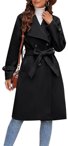 GRACE KARIN Damen Knielang Langarm Einfarbiger Mantel Zweireihige Mittellange Winterdicke Mäntel Casual Plüschmantel mit Knopf Schwarz L