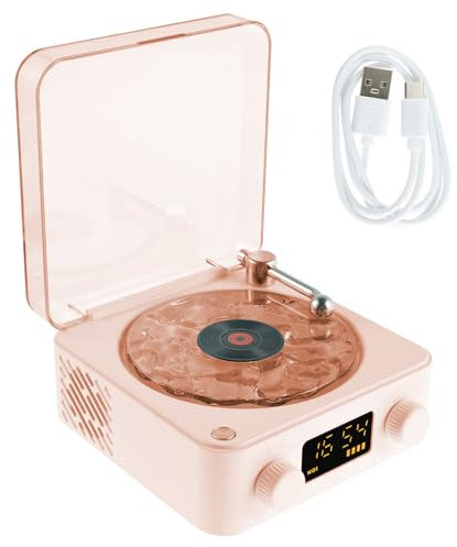 Waves Vinyl Player with Speakers Bluetooth Record Player with Adjustable Lights and Time, 2024 New Waves Vintage Vinyl Record Player Compatible with Bluetooth, TF,AUX Mode for Office Bedroom (pink)