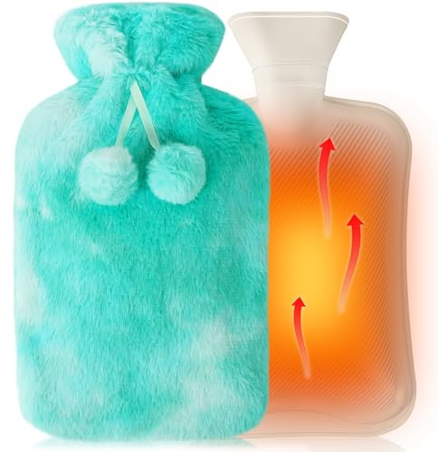 Bouillotte de 2L avec Housse en Caoutchouc Moelleuse, Bouteille d'eau Chaude avec Housse Peluche Ultra douce pour Adulte & Enfant - la main, Soulage les Douleurs, Thérapie par la Chaleur, Bleu